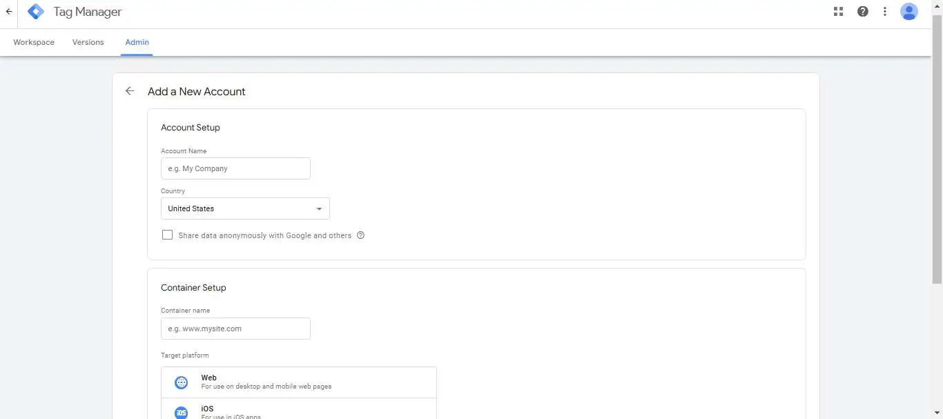 google tag manager account create